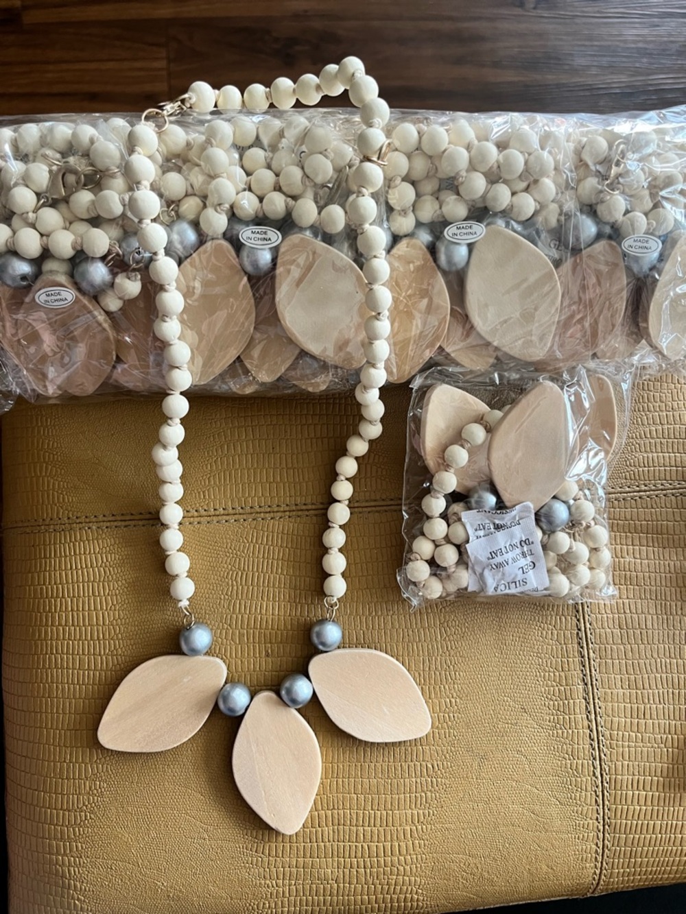 Set of 12 Beaded Wooden Leaf Statement Necklaces - Cream